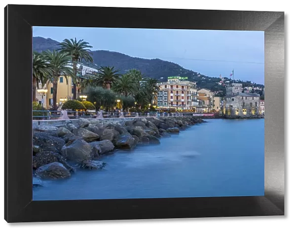 Europe, Italy, Rapallo. Blue hour along the coast to the castle