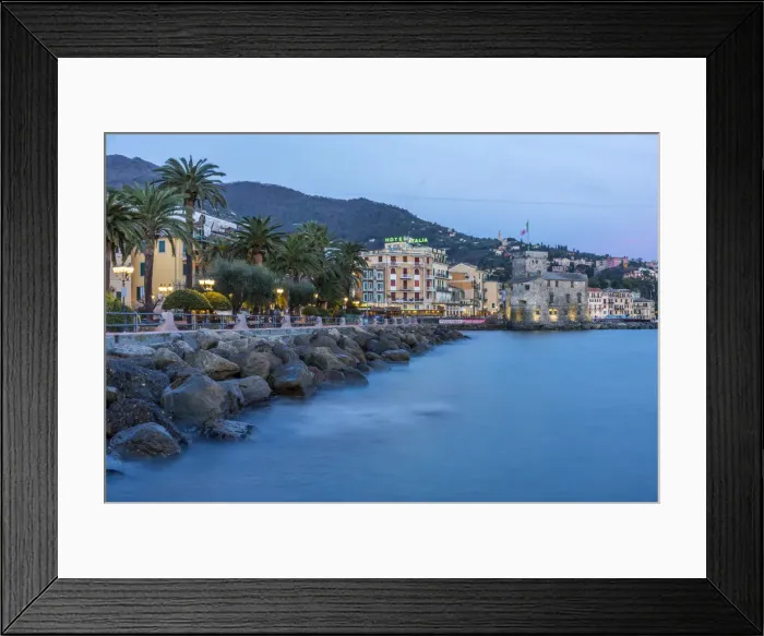 Framed Print : Europe, Italy, Rapallo. Blue hour along the coast to the castle Framed Print : Europe, Italy, Rapallo. Blue hour along the coast to the castle