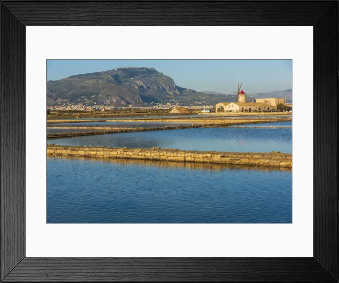 Framed Print : Europe, Italy, Sicily. In the saline of Trapani looking towards Erice
