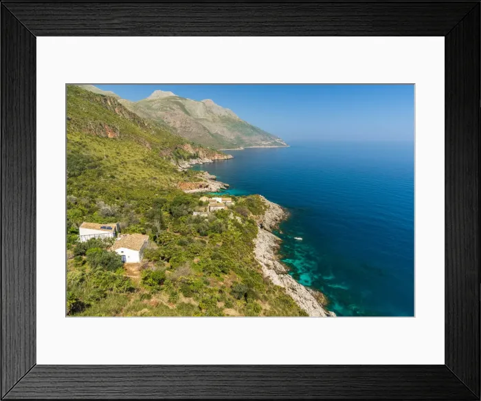 Framed Print : Europe, Italy, Sicily. Landscape and village in the Nature Reserve of the Zingaro Framed Print : Europe, Italy, Sicily. Landscape and village in the Nature Reserve of the Zingaro