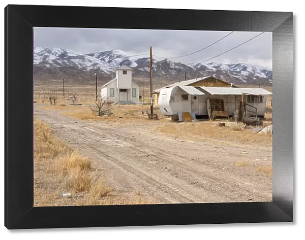 USA, Nevada, Luning, Pax Americana, Church and trailer in the desert
