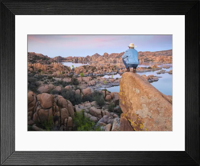 Framed Print : USA, Arizona, Prescott, Man watching the sunset at Watson Lake reservoir, MR Framed Print : USA, Arizona, Prescott, Man watching the sunset at Watson Lake reservoir, MR