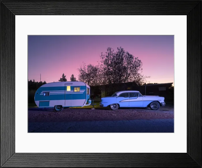 Framed Print : USA, Oregon, Redmond, classic car and trailer at dusk Framed Print : USA, Oregon, Redmond, classic car and trailer at dusk