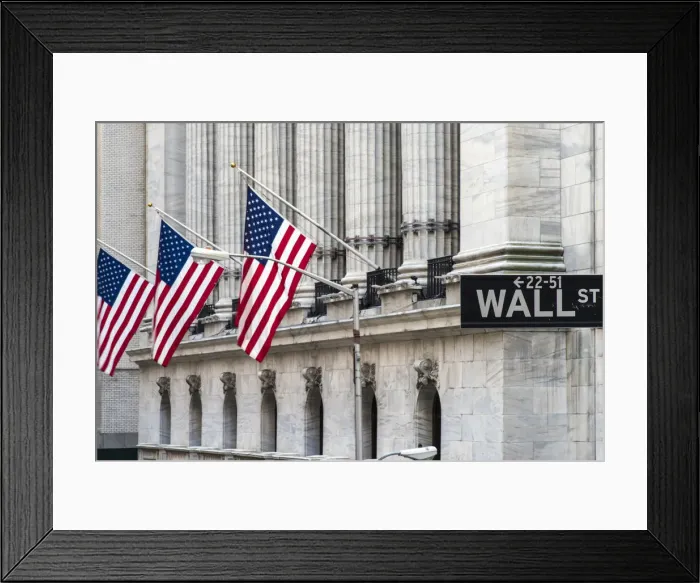 Framed Print : Wall Street sign with New York Stock Exchange behind, Lower Manhattan, New York, USA Framed Print : Wall Street sign with New York Stock Exchange behind, Lower Manhattan, New York, USA