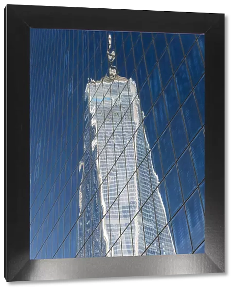 One World Trade Center or Freedom Tower reflected in a glassy building, Lower Manhattan