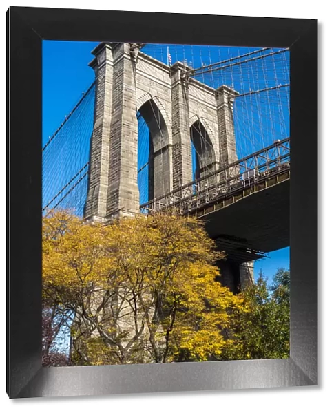 Low angle view of Brooklyn Bridge, Brooklyn, New York, USA
