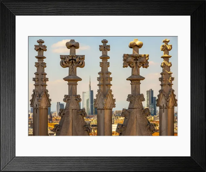 Framed Print : Spiers of Milan Cathedral with modern skyline in background, Lombardy, Italy Framed Print : Spiers of Milan Cathedral with modern skyline in background, Lombardy, Italy