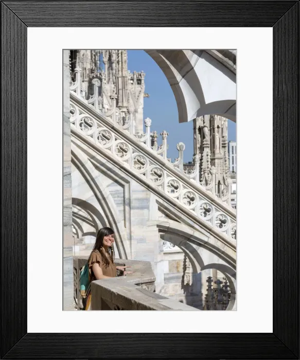 Framed Print : Girl smiling near spires of Milan Cathedral, Lombardy, Italy Framed Print : Girl smiling near spires of Milan Cathedral, Lombardy, Italy