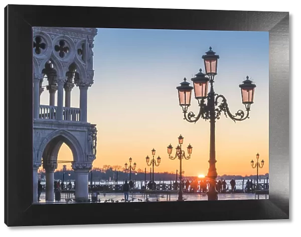 Venice, Veneto, Italy. Iconic street lamps of Piazzetta San Marco and Doges palace