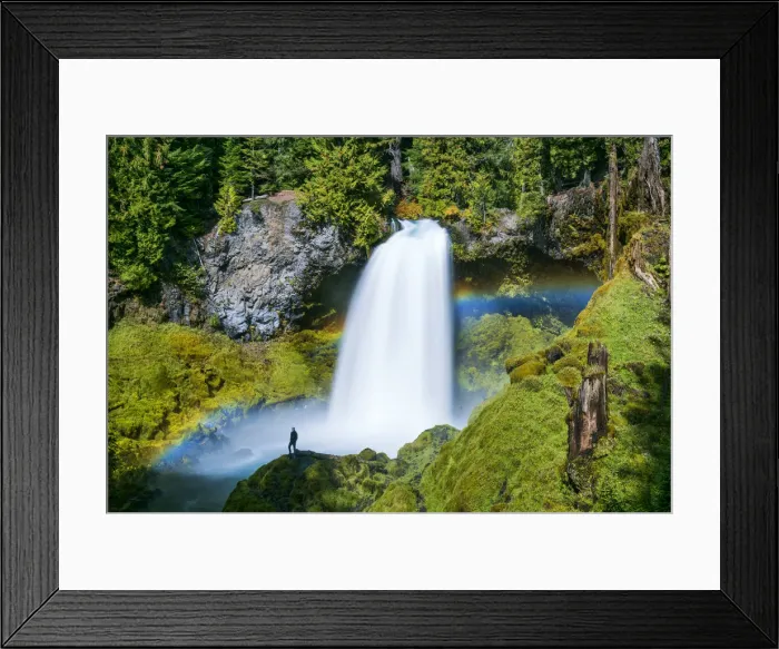 Framed Print : Person Standing in Front of Sahalie Falls with Rainbow, Willamette National Forest Framed Print : Person Standing in Front of Sahalie Falls with Rainbow, Willamette National Forest