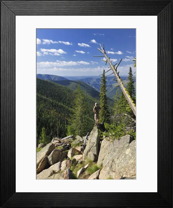 Framed Print : Man enoying view in the Frank Church Wilderness, Nez Perce Trail, Idaho, USA