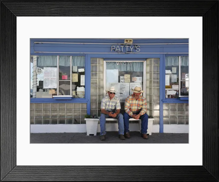 Framed Print : Two farm workers sat outside a ice cream parlour, Western Nebraska, USA Framed Print : Two farm workers sat outside a ice cream parlour, Western Nebraska, USA