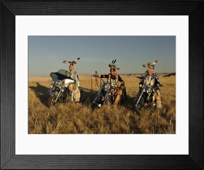 Framed Print : Three Native Indians on Bikes, Lakota, South Dakota, USA MR
