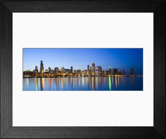 Framed Print : USA, Illinois, Chicago. Dusk view of the skyline from Lake Michigan