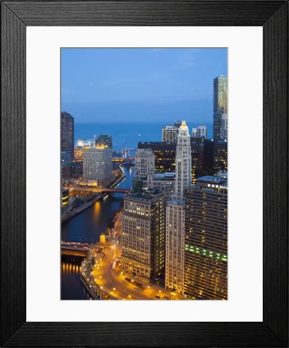 Framed Print : USA, Illinois, Chicago. Dusk view over the city Framed Print : USA, Illinois, Chicago. Dusk view over the city