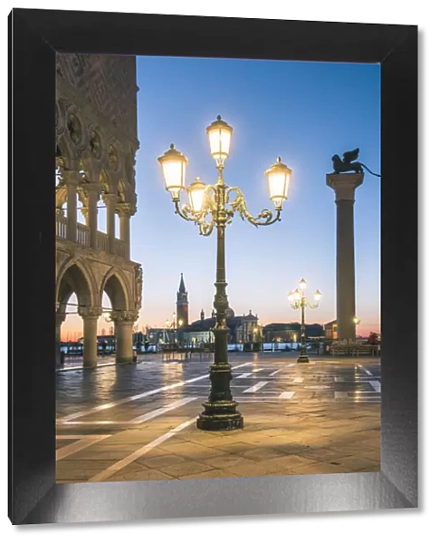 Venice, Veneto, Italy. Piazzetta San Marco and Doges palace at dusk