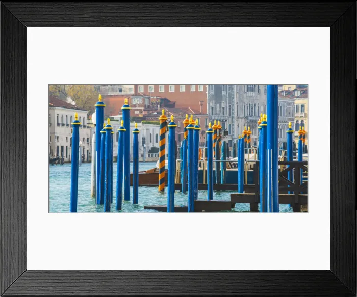 Framed Print : Venice, Veneto, Italy. Painted gondola mooring poles on the Grand Canal Framed Print : Venice, Veneto, Italy. Painted gondola mooring poles on the Grand Canal