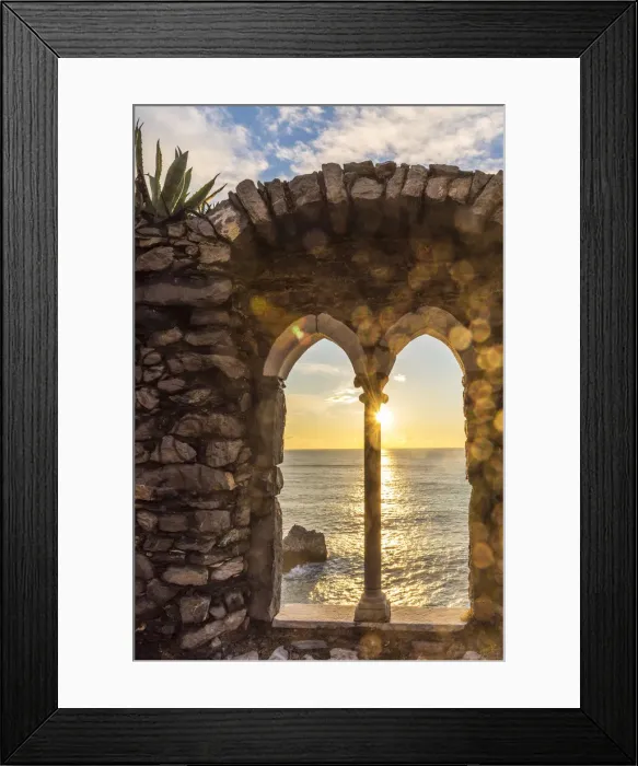 Framed Print : Europe, Italy, Liguria, Portovenere. Sunset seen through the old ruins Framed Print : Europe, Italy, Liguria, Portovenere. Sunset seen through the old ruins