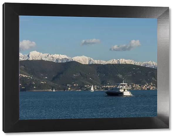 Europe, Italy, Liguria, the Gulf of La Spezia with the snowy Apuan Alps in the background
