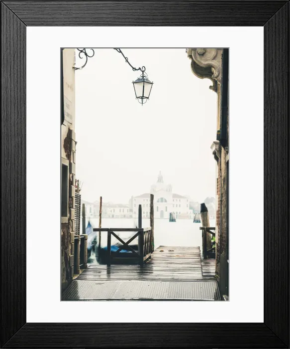Framed Print : Venice, Veneto, Italy. Pier on the waterfront in the mist and St Mary Of The Presentation Framed Print : Venice, Veneto, Italy. Pier on the waterfront in the mist and St Mary Of The Presentation