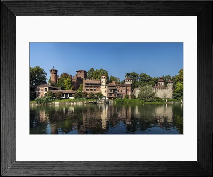 Framed Print : Panoramic view of Borgo Medievale fortress and Po River, Turin, Piedmont, Italy
