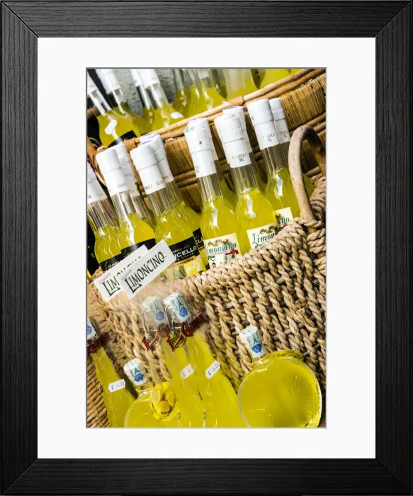 Framed Print : Bottles of local limoncello lemon liqueur on sale, Limone sul Garda, Lake Garda, Lombardy Framed Print : Bottles of local limoncello lemon liqueur on sale, Limone sul Garda, Lake Garda, Lombardy