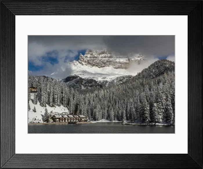 Framed Print : Lake Misurina with Tre Cime di Lavaredo or Drei Zinnen behind partially covered by clouds Framed Print : Lake Misurina with Tre Cime di Lavaredo or Drei Zinnen behind partially covered by clouds