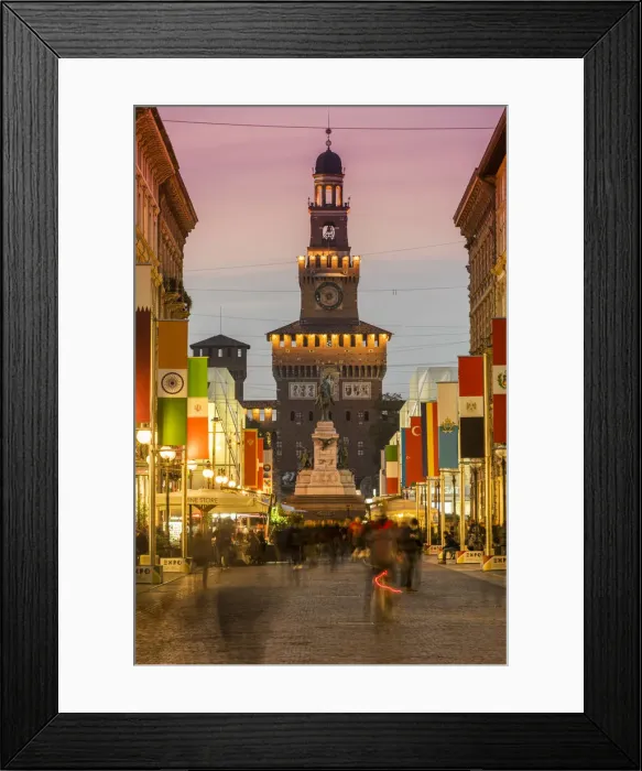 Framed Print : Via Dante pedestrian street and Castello Sforzesco behind, Milan, Lombardy, Italy Framed Print : Via Dante pedestrian street and Castello Sforzesco behind, Milan, Lombardy, Italy