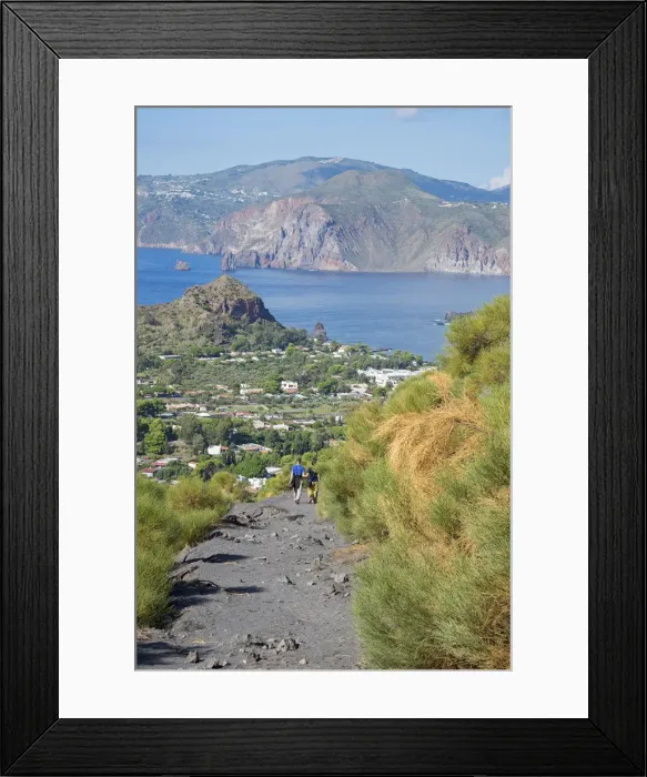Framed Print : Europe, Italy, Sicily, Aeolian Islands, Vulcano Island, People hiking down Gran Cratere Framed Print : Europe, Italy, Sicily, Aeolian Islands, Vulcano Island, People hiking down Gran Cratere