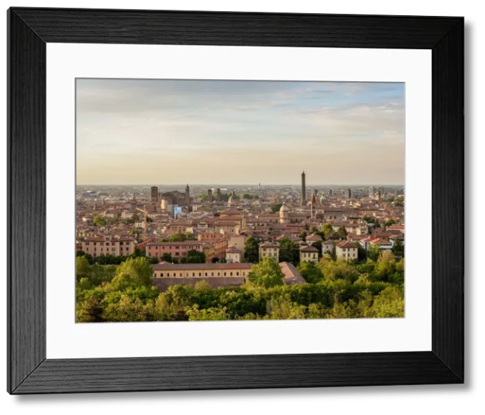 Framed Print : Cityscape with San Domenico Basilica and Asinelli Tower at sunset, elevated view, Bologna