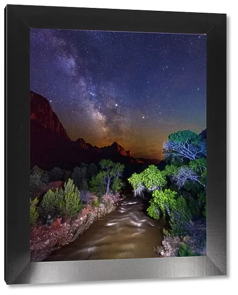 Milkyway over th Virgin river and the Watchman Zion National Park, Utah, USA