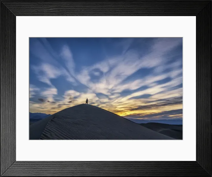 Framed Print : Man on Mesquite Dunes at Sunrise, Death Valley National Park, California, USA Framed Print : Man on Mesquite Dunes at Sunrise, Death Valley National Park, California, USA