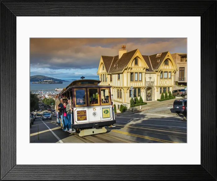 Framed Print : Powell and Market line Cable Car with Alcatraz Island in the background, San Francisco Framed Print : Powell and Market line Cable Car with Alcatraz Island in the background, San Francisco