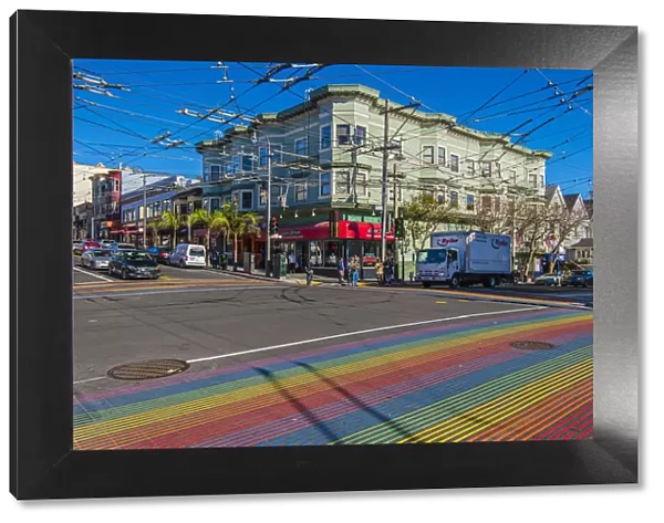 Pedestrian crossing with rainbow flag colors strips in Castro Street, San Francisco