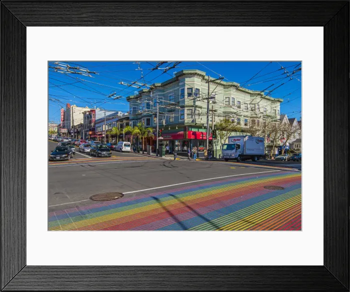 Framed Print : Pedestrian crossing with rainbow flag colors strips in Castro Street, San Francisco