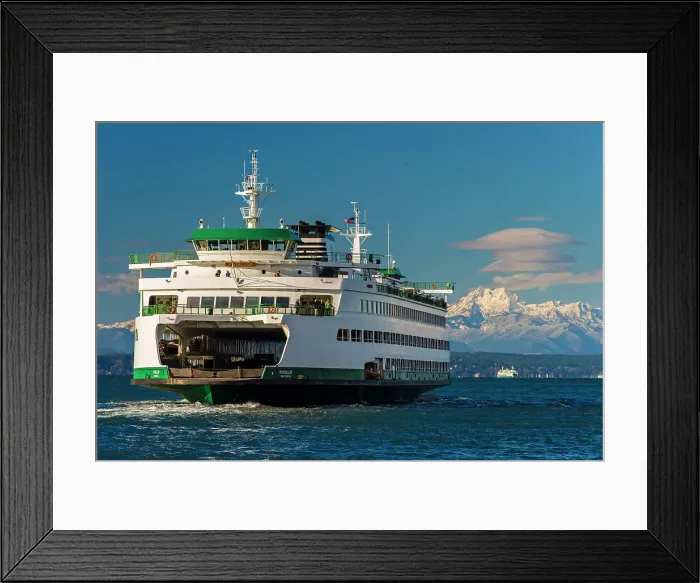 Framed Print : Washington State Ferry with snowy mountains of Olympic Peninsula in the background Framed Print : Washington State Ferry with snowy mountains of Olympic Peninsula in the background