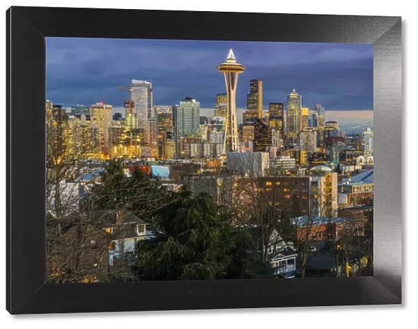 Panoramic view over Downtown skyline with Space Needle at dusk, Seattle, Washington, USA