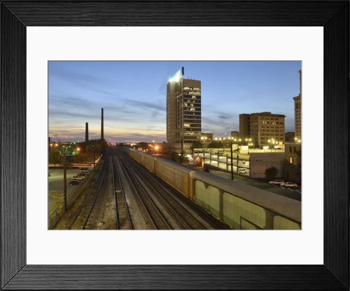 Framed Print : USA, Alabama, Birmingham, train tracks in downtown at dusk