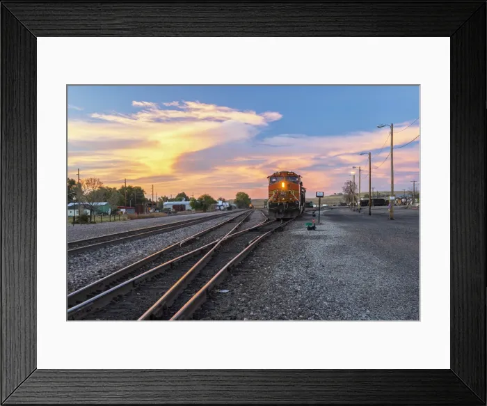 Framed Print : USA, Whyoming, Sheridan, Coal train in the town of Sheridan at dusk Framed Print : USA, Whyoming, Sheridan, Coal train in the town of Sheridan at dusk