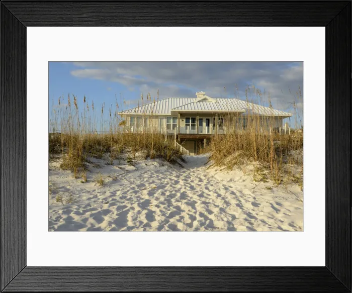 Framed Print : USA, Florida, Escambia County, Pensacola Beach, private home behind dunes on beach Framed Print : USA, Florida, Escambia County, Pensacola Beach, private home behind dunes on beach
