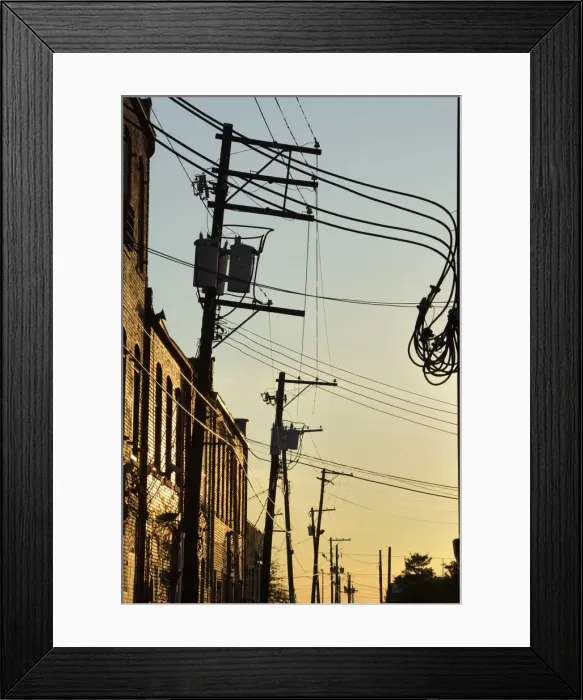 Framed Print : USA, Alabama, Birmingham, power lines in downtown alley Framed Print : USA, Alabama, Birmingham, power lines in downtown alley