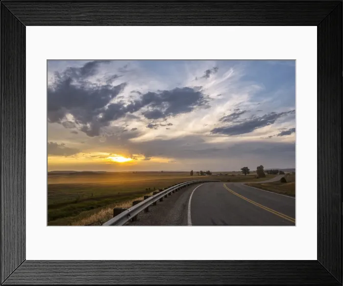 Framed Print : USA, Montana, Bozeman, rural road at sunset