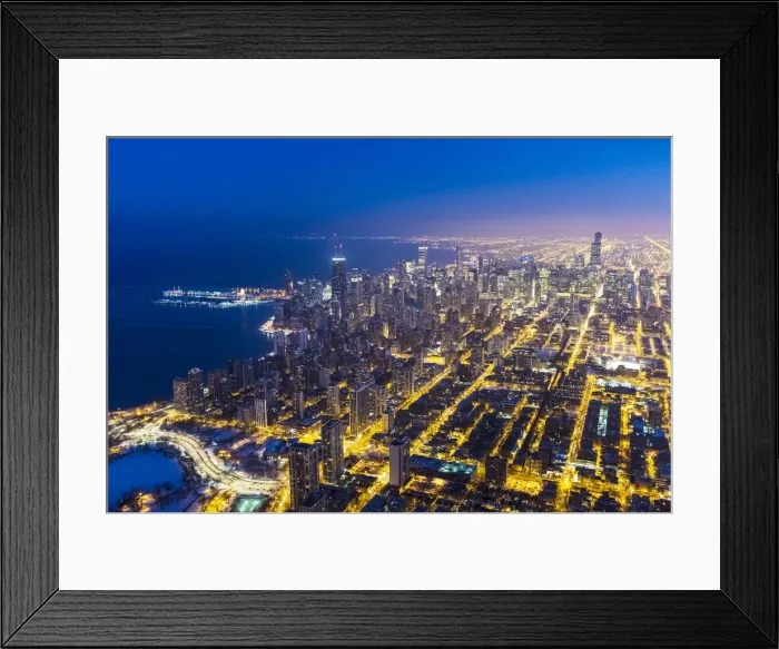 Framed Print : USA, Illinois, Chicago. Aerial dusk view of the city in winter Framed Print : USA, Illinois, Chicago. Aerial dusk view of the city in winter