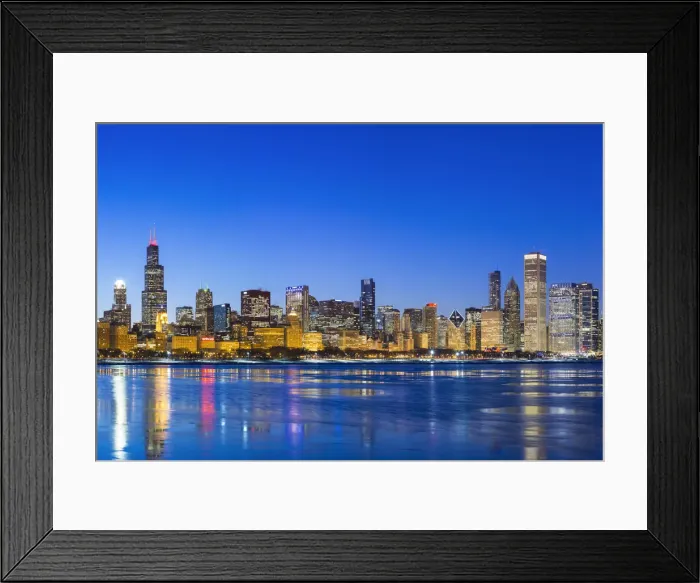 Framed Print : USA, Illinois, Chicago. The City Skyline and a frozen Lake Michigan from near Framed Print : USA, Illinois, Chicago. The City Skyline and a frozen Lake Michigan from near
