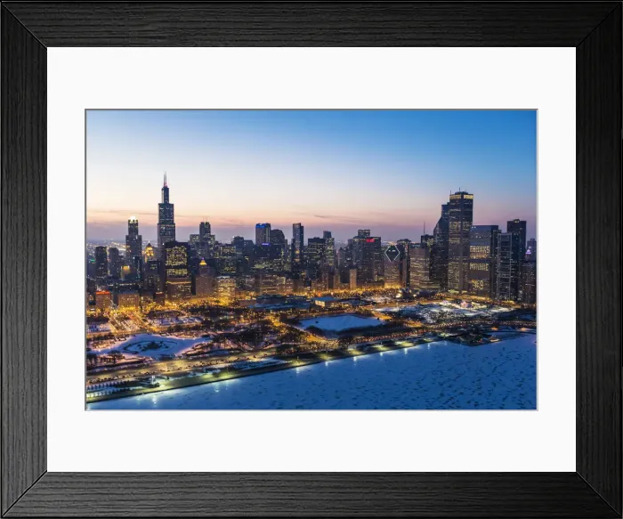Framed Print : USA, Illinois, Chicago. Aerial dusk view of the city and Millennium Park in winter Framed Print : USA, Illinois, Chicago. Aerial dusk view of the city and Millennium Park in winter