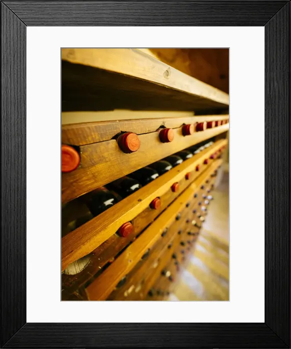 Framed Print : Chianti wine bottles in cellar, Tuscany, Italy