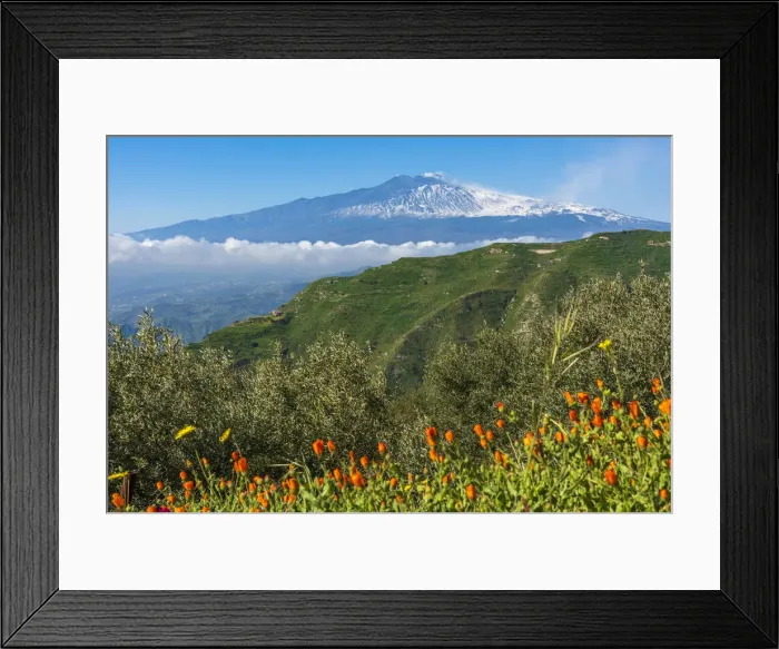Framed Print : Europe, Italy, Sicily. View towards the Mount Etna from the hiking path from Castelmola