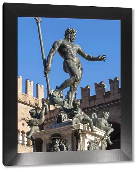 Statue of Neptune against blue sky, Piazza Maggiore, Bologna, Emilia Romagna, Italy