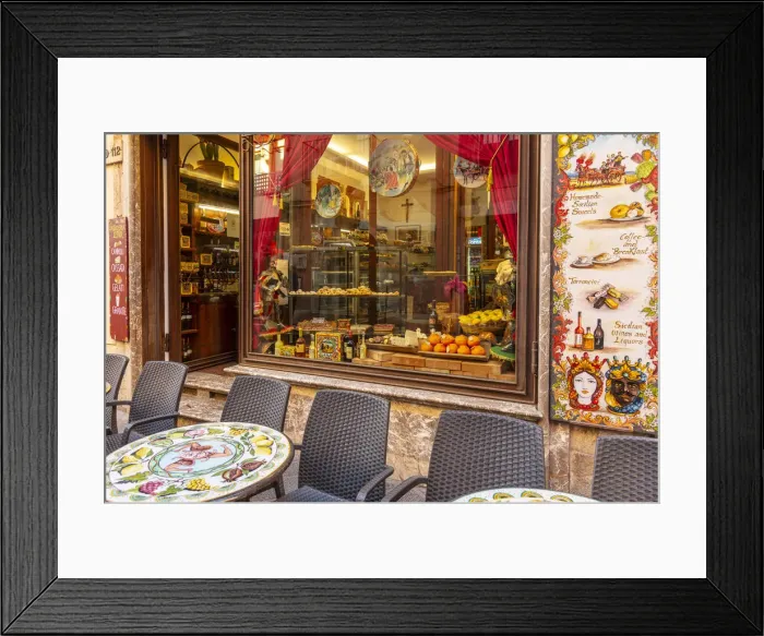 Framed Print : Europe, Italy, Sicily. A typical caffa in the centre of Taormina