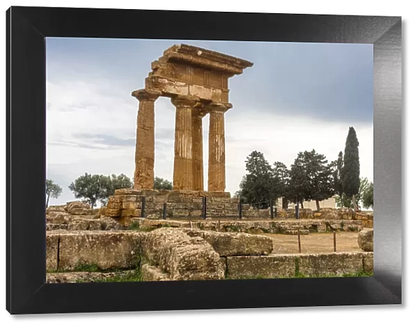 Europe, Italy, Sicily. Agrigento, the re-assembled remains of the temple of the Dioscuri